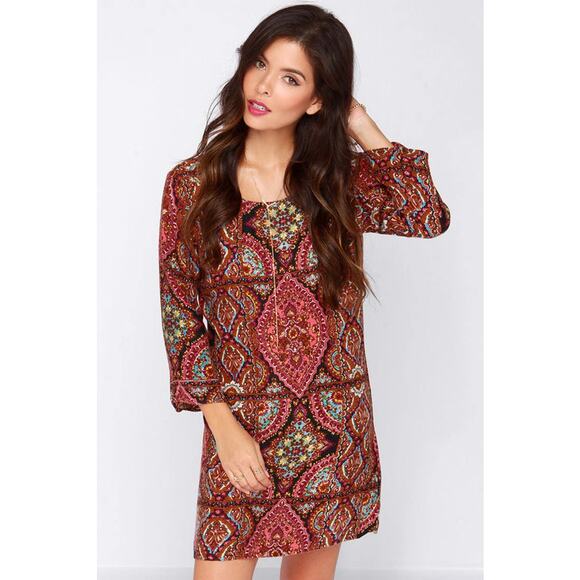 Billabong Gypsy Sol Multi Print Moroccan Paisley Festival Mini Dress womens M - Picture 1 of 16